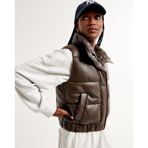 Abercrombie & Fitch Dark Brown Puffer Vest, Faux Leather - M - Picture 2 of 8